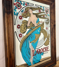 Load image into Gallery viewer, Stunning art nouveau mirror featuring a glamorous lady wearing an elegant dress and scarf with an azure blue design with her hair flowing across the mirror in the background continues with the flower design with an intricate pattern.
