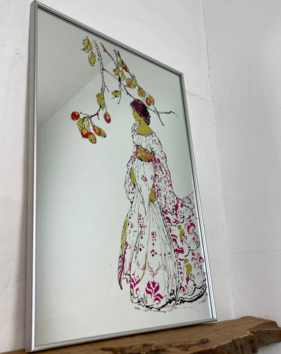 Incredible vintage art nouveau mirror based on the Peter Pan story, featuring an elegant lady wearing a stunning dress with intricate, colourful tones