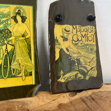 Load image into Gallery viewer, fantastic, unique set of mid-century art nouveau collectable slate panels featuring a selection of famous artists, including Alphonse Mucha. It has a complex design with the pictures inset into the slate hanging ornament
