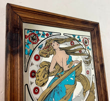 Load image into Gallery viewer, Stunning art nouveau mirror featuring a glamorous lady wearing an elegant dress and scarf with an azure blue design with her hair flowing across the mirror in the background continues with the flower design with an intricate pattern.
