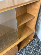 Load image into Gallery viewer, Stylish vintage bookcase furniture teak craftsman Denmore London retro glass sliding top
