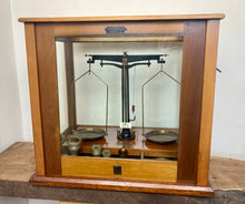 Load image into Gallery viewer, Beautiful antique weighing scales presentation box glass mahogany collectibles piece Scientific instruments makers Birmingham Christmas gift
