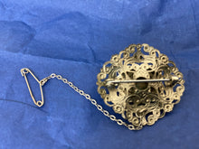 Load image into Gallery viewer, Beautiful mid century art nouveau renaissance jewellery brooch turquoise cabochon 8 rhinestone
