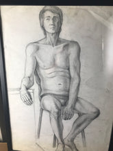 Load image into Gallery viewer, Original vintage portrait 1960’s pencil drawing man on chair Eastern European design collection wall art piece
