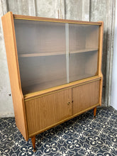 Load image into Gallery viewer, Stylish vintage bookcase furniture teak craftsman Denmore London retro glass sliding top
