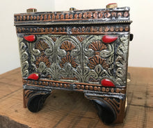 Load image into Gallery viewer, Stunning tibétain antique copper and silver filigree jewellery chest box jewel encrusted stylish collectible piece
