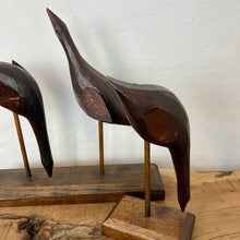 Load image into Gallery viewer, Beautiful pair of vintage metal birds, a fantastic pair of figurines, and a decorative pair of metal sculptures that come full of grace and style with stunning patina and fantastic detail, featuring a set of two and one on the figures.
