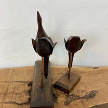 Load image into Gallery viewer, Beautiful pair of vintage metal birds, a fantastic pair of figurines, and a decorative pair of metal sculptures that come full of grace and style with stunning patina and fantastic detail, featuring a set of two and one on the figures.
