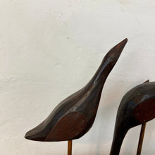 Load image into Gallery viewer, Beautiful pair of vintage metal birds, a fantastic pair of figurines, and a decorative pair of metal sculptures that come full of grace and style with stunning patina and fantastic detail, featuring a set of two and one on the figures.
