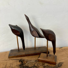 Load image into Gallery viewer, Beautiful pair of vintage metal birds, a fantastic pair of figurines, and a decorative pair of metal sculptures that come full of grace and style with stunning patina and fantastic detail, featuring a set of two and one on the figures.
