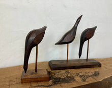 Load image into Gallery viewer, Beautiful pair of vintage metal birds, a fantastic pair of figurines, and a decorative pair of metal sculptures that come full of grace and style with stunning patina and fantastic detail, featuring a set of two and one on the figures.
