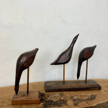 Load image into Gallery viewer, Beautiful pair of vintage metal birds, a fantastic pair of figurines, and a decorative pair of metal sculptures that come full of grace and style with stunning patina and fantastic detail, featuring a set of two and one on the figures.
